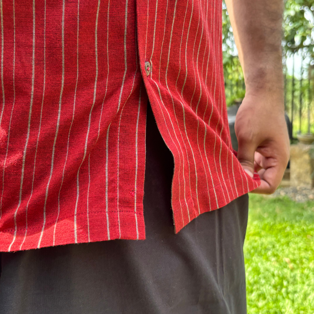 Maroon And Ash Striped Handloom Shirt | Large Size