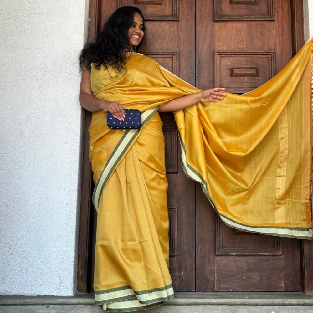 Mustard Gold Handloom Cotton Saree with Olive Green Border and Tassels