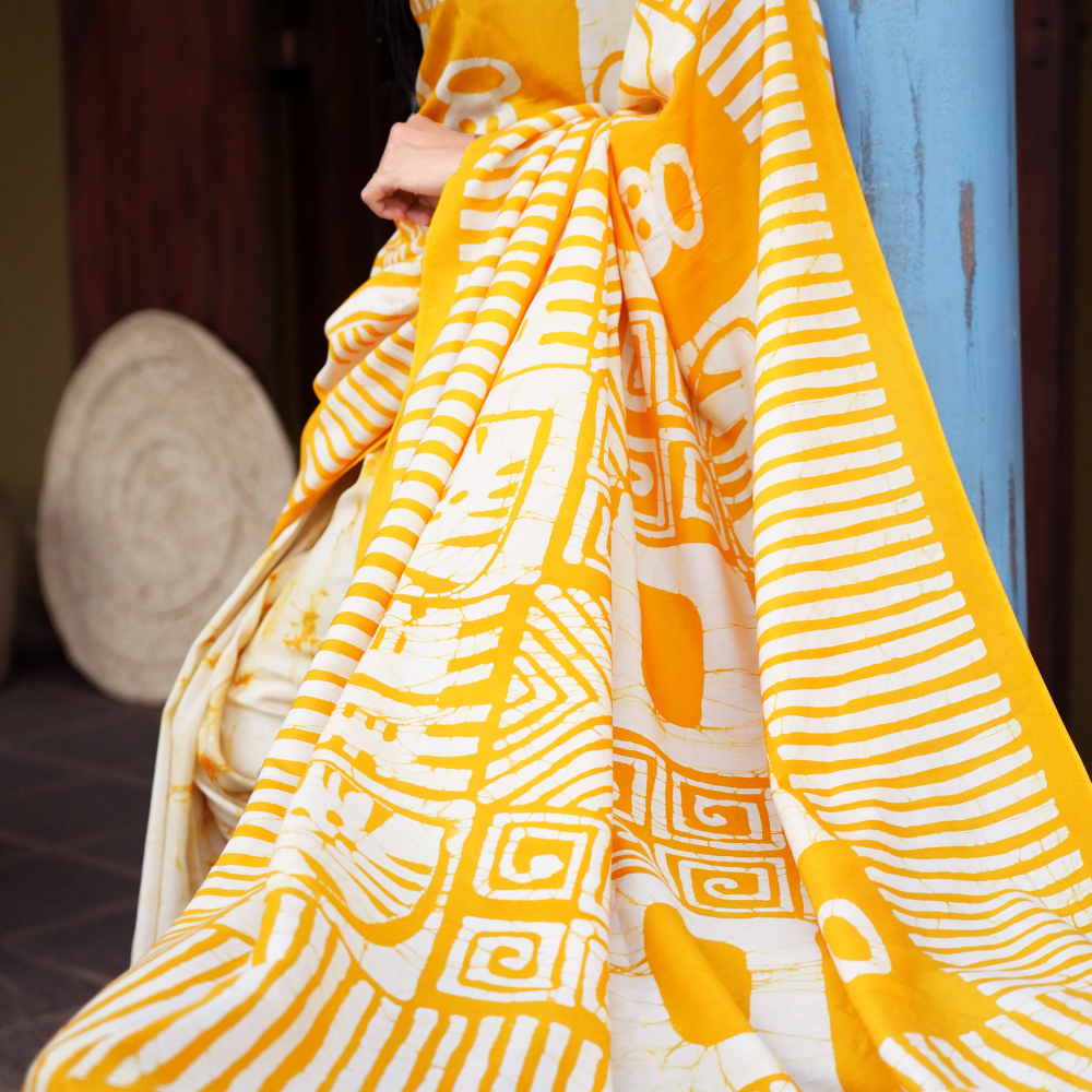White & Yellow Cotton Batik Saree