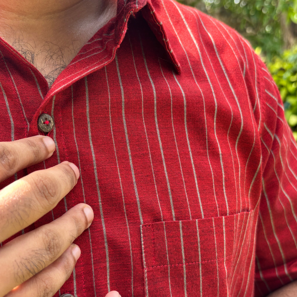 Maroon And Ash Striped Handloom Shirt | Large Size