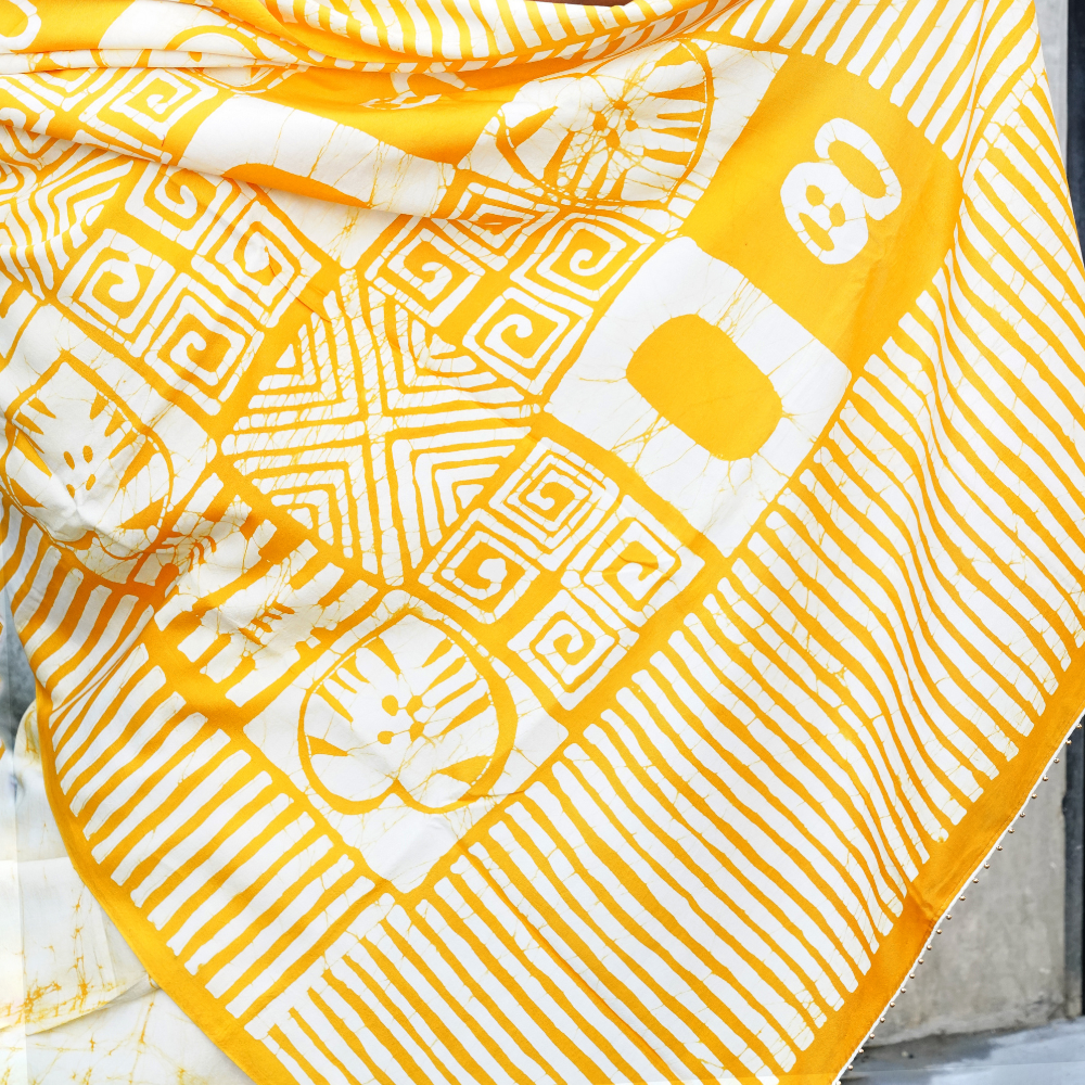 White & Yellow Cotton Batik Saree
