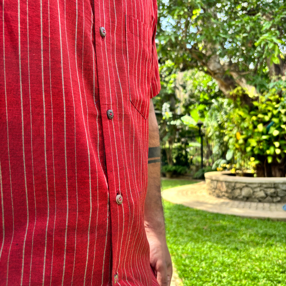 Maroon And Ash Striped Handloom Shirt | Large Size