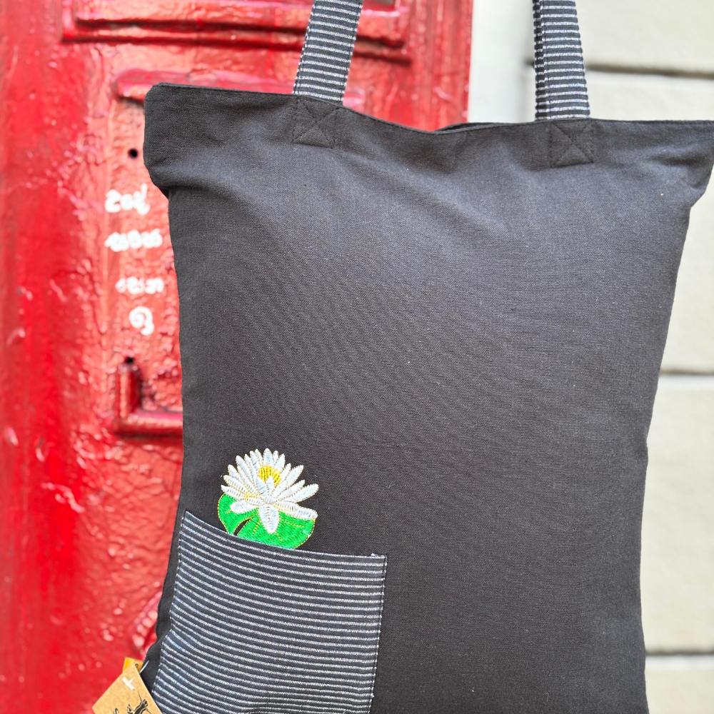 Black Tote Bag With Nelum Mala