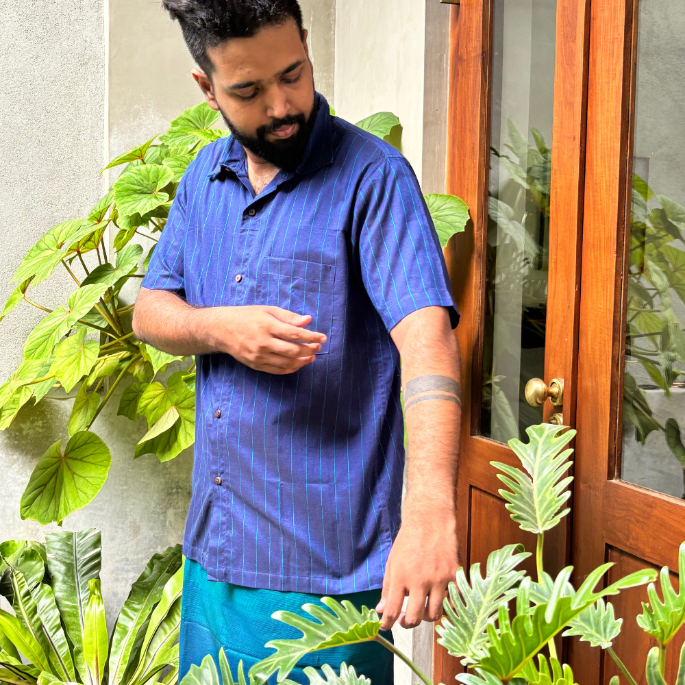 Blue And Light Blue Striped Handloom Shirt | Large Size