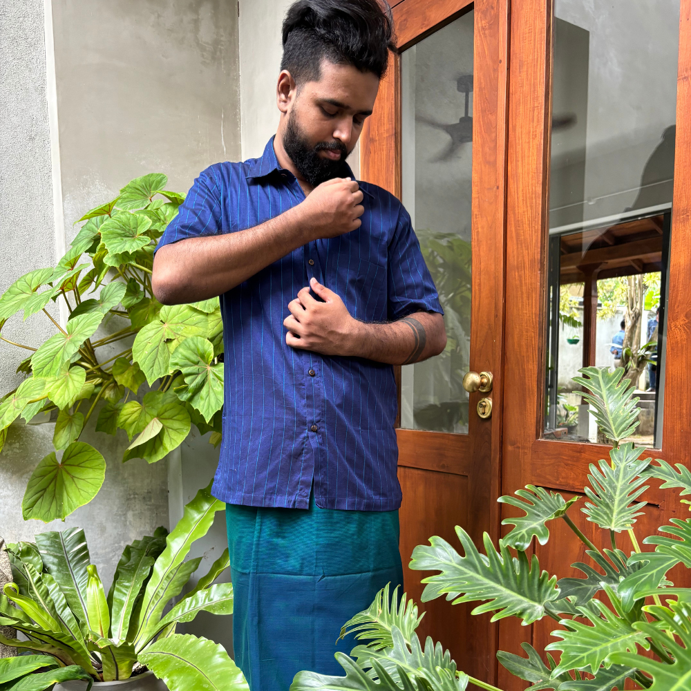 Blue And Light Blue Striped Handloom Shirt | Large Size