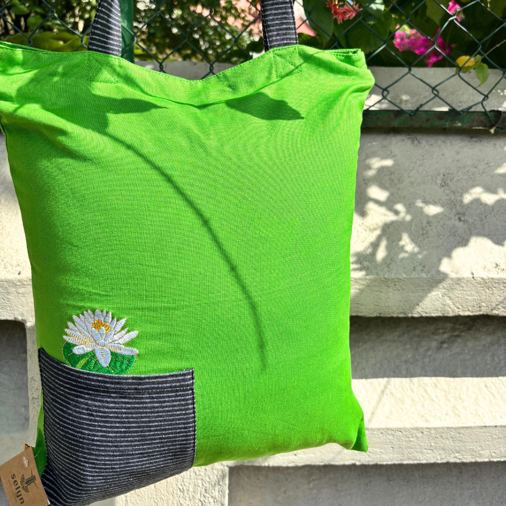 Green Tote Bag With Nelum Mala
