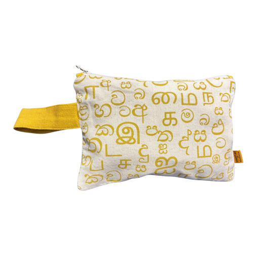 Yellow & White Akuru Cosmetic Case – Sinhala & Tamil Script Design