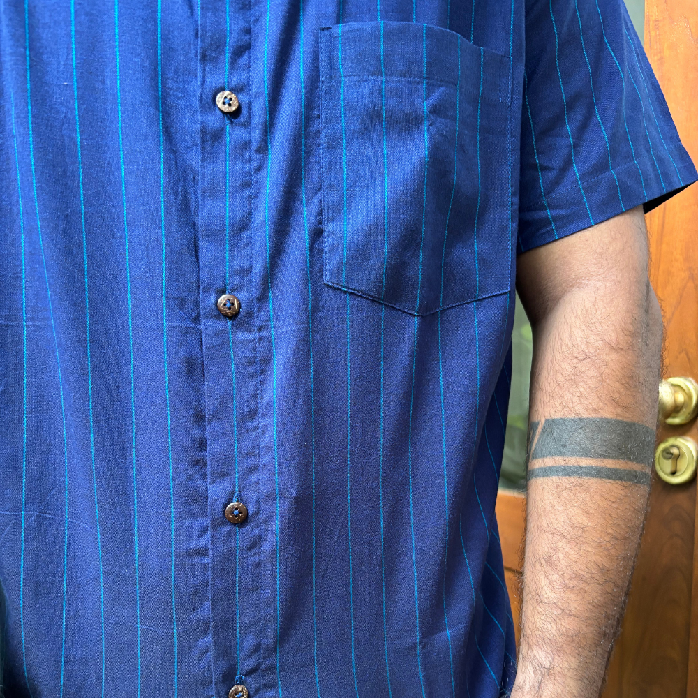 Blue And Light Blue Striped Handloom Shirt | Large Size