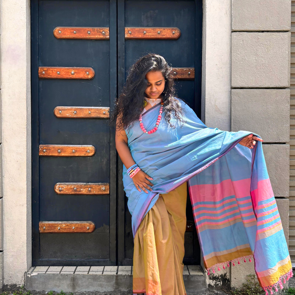 Sky Blue Handloom Cotton Saree with Pink & Lavender Border and Tassels