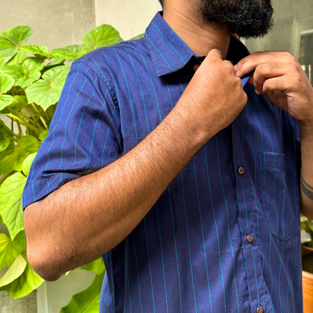 Blue And Light Blue Striped Handloom Shirt | Large Size