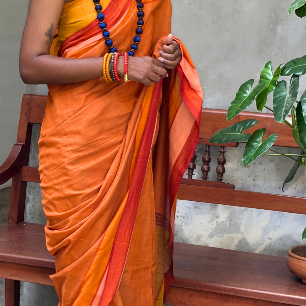Orange And Brown Mustard With Mustard Tussar Handloom Saree