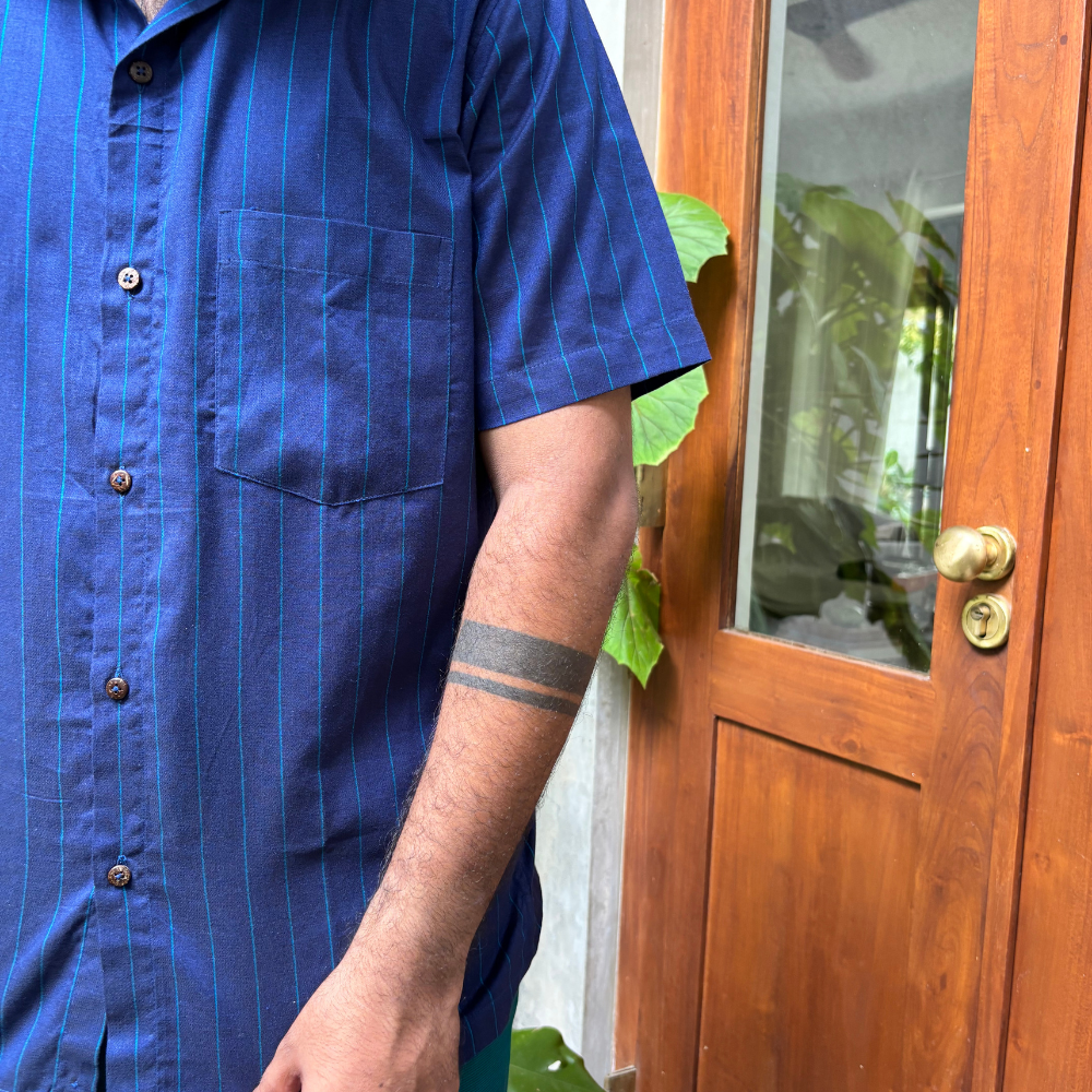 Blue And Light Blue Striped Handloom Shirt | Large Size