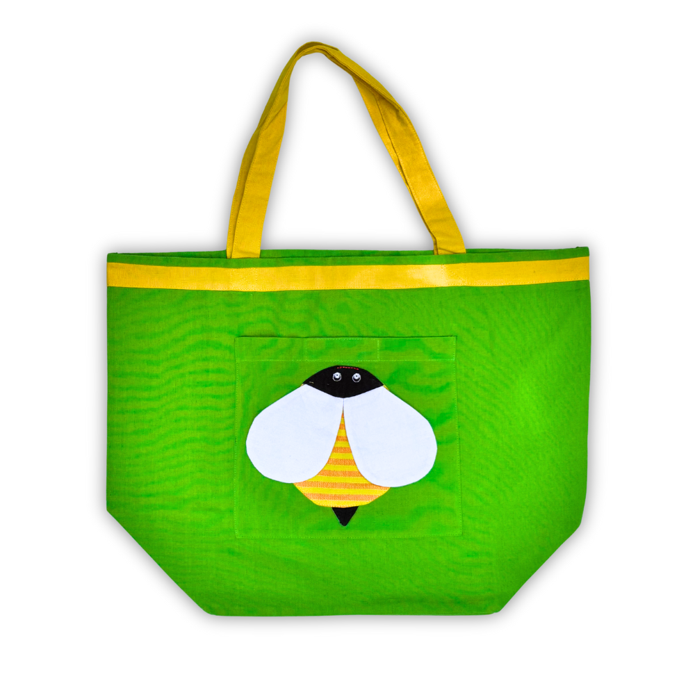 Handloom Cotton Tote Bag With Green Bee Design