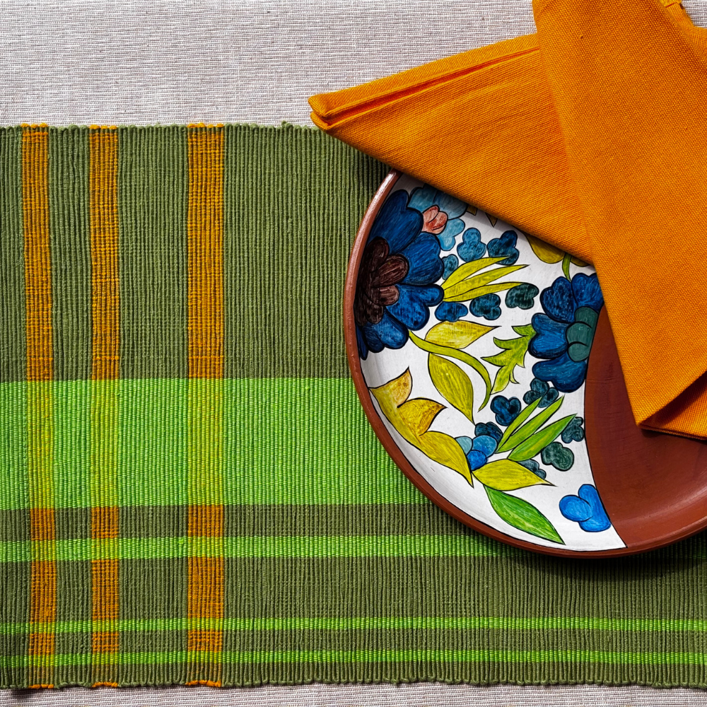 Dark Green and Light Green Patterned Handloom Table Mat & Napkin Set-6 Seater