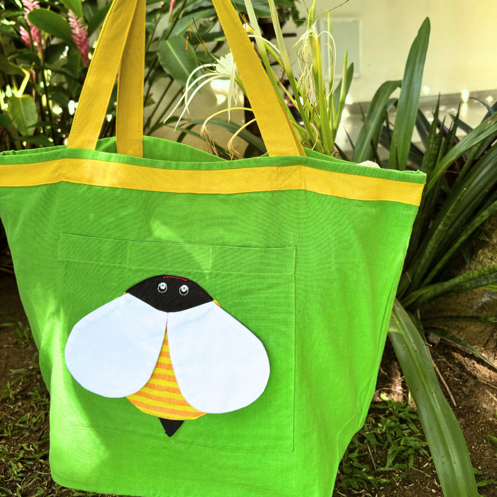 Handloom Cotton Tote Bag With Green Bee Design