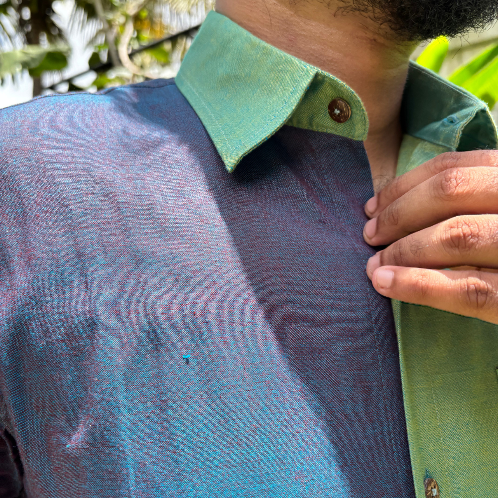 Green And Purple Mixed Blue Striped Handloom Shirt | Small Size