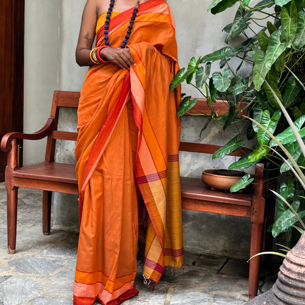 Orange And Brown Mustard With Mustard Tussar Handloom Saree