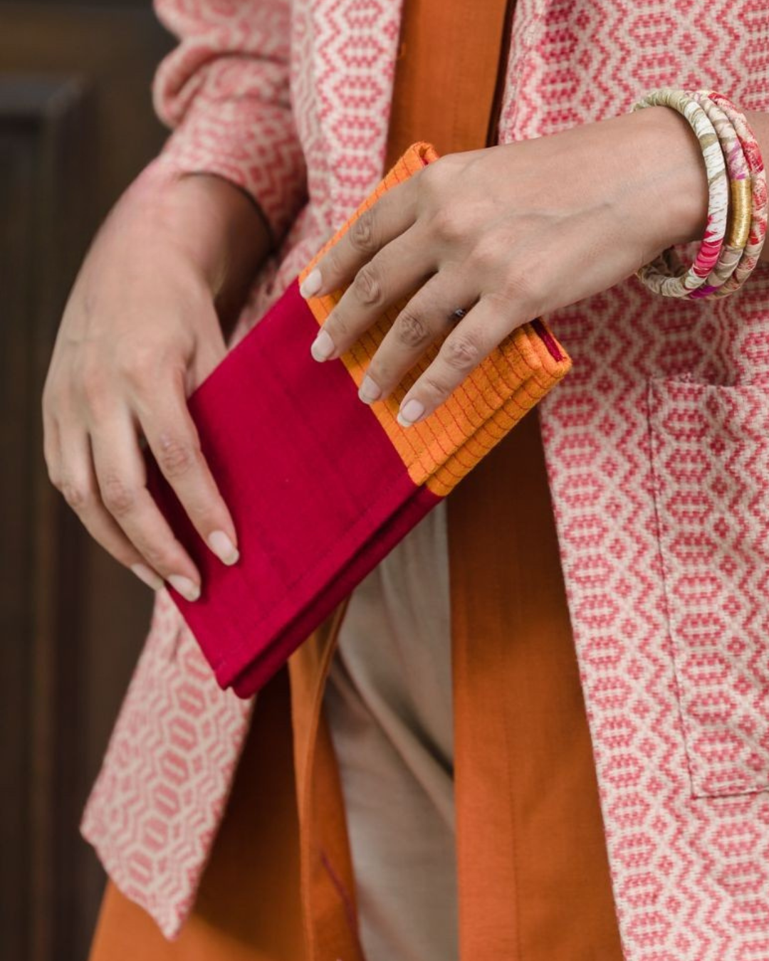 Handloom Fabric Wallet - Red & Orange | Large Size