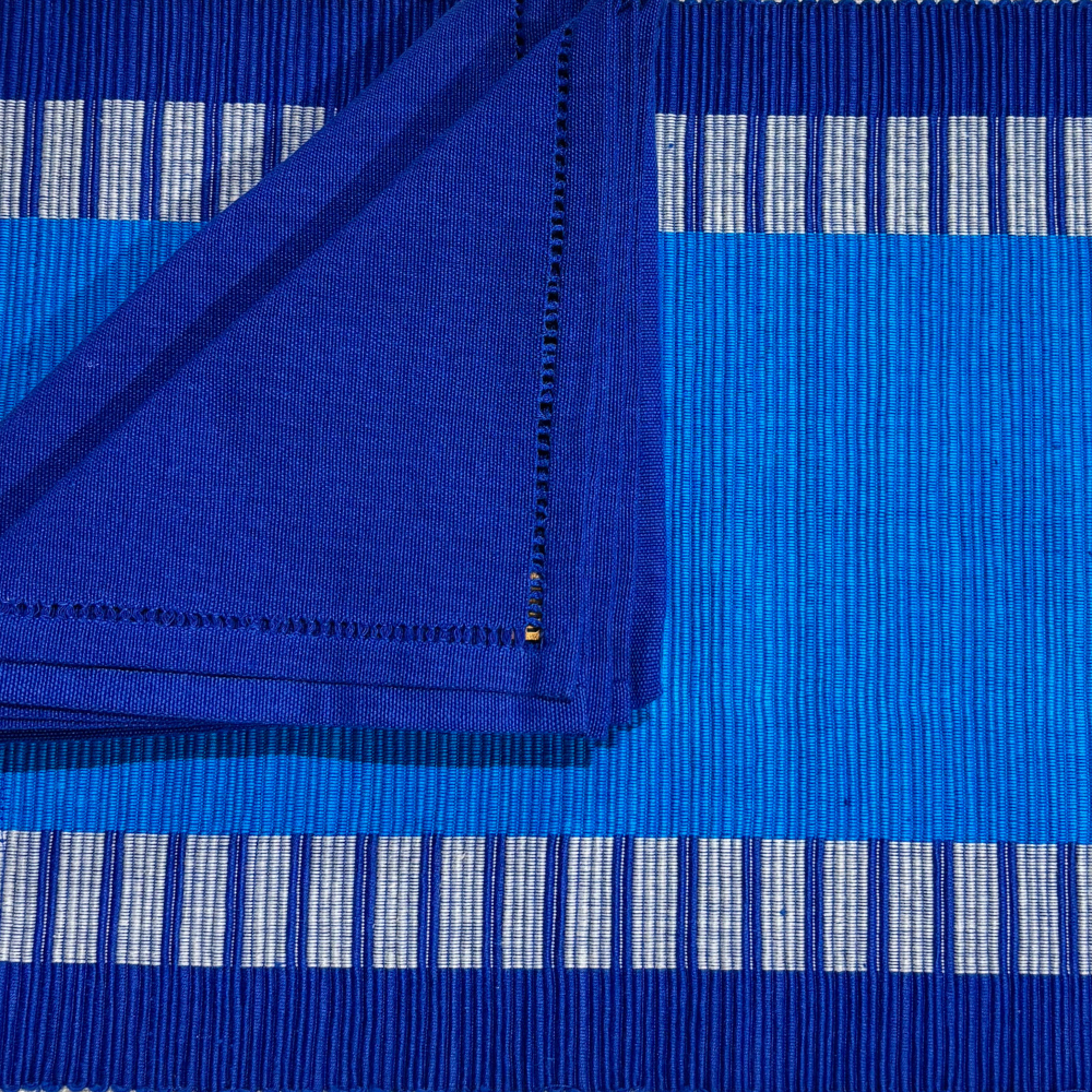 Blue & Ash Patterned Table Mat & Napkin Set-6 Seater