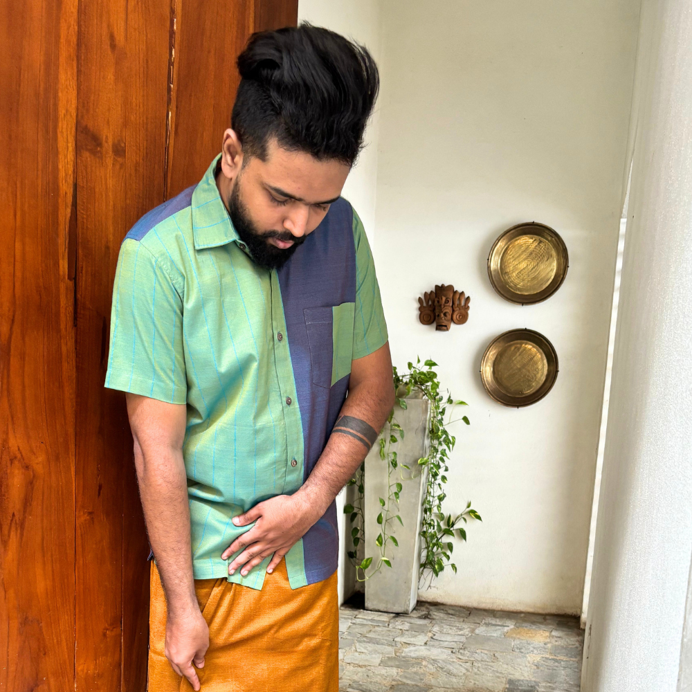 Green And Purple Mixed Blue Striped Handloom Shirt | Medium Size