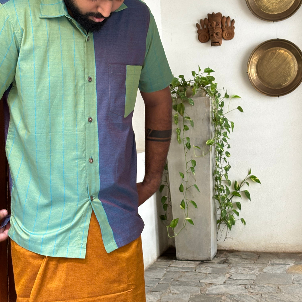 Green And Purple Mixed Blue Striped Handloom Shirt | Medium Size