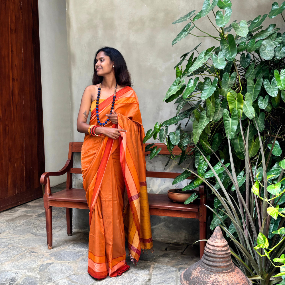 Orange And Brown Mustard With Mustard Tussar Handloom Saree
