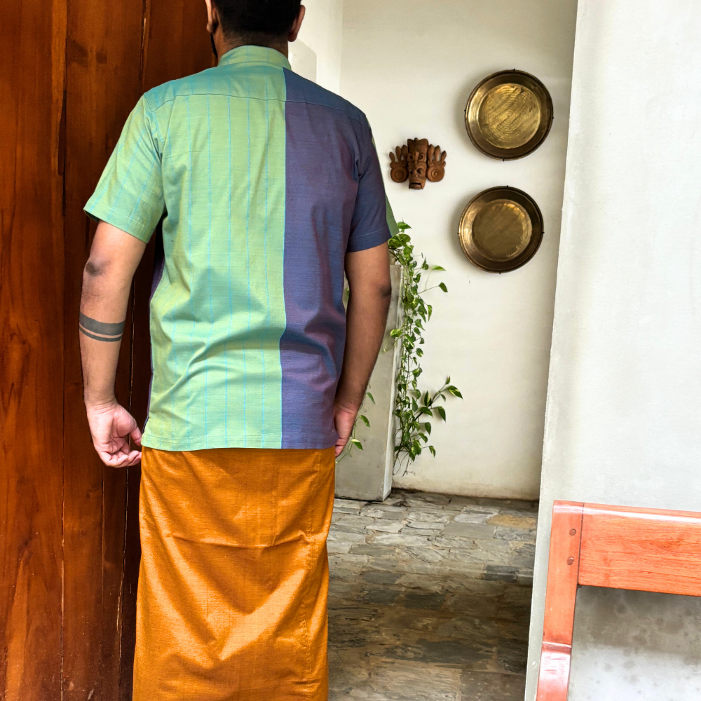 Green And Purple Mixed Blue Striped Handloom Shirt | Medium Size