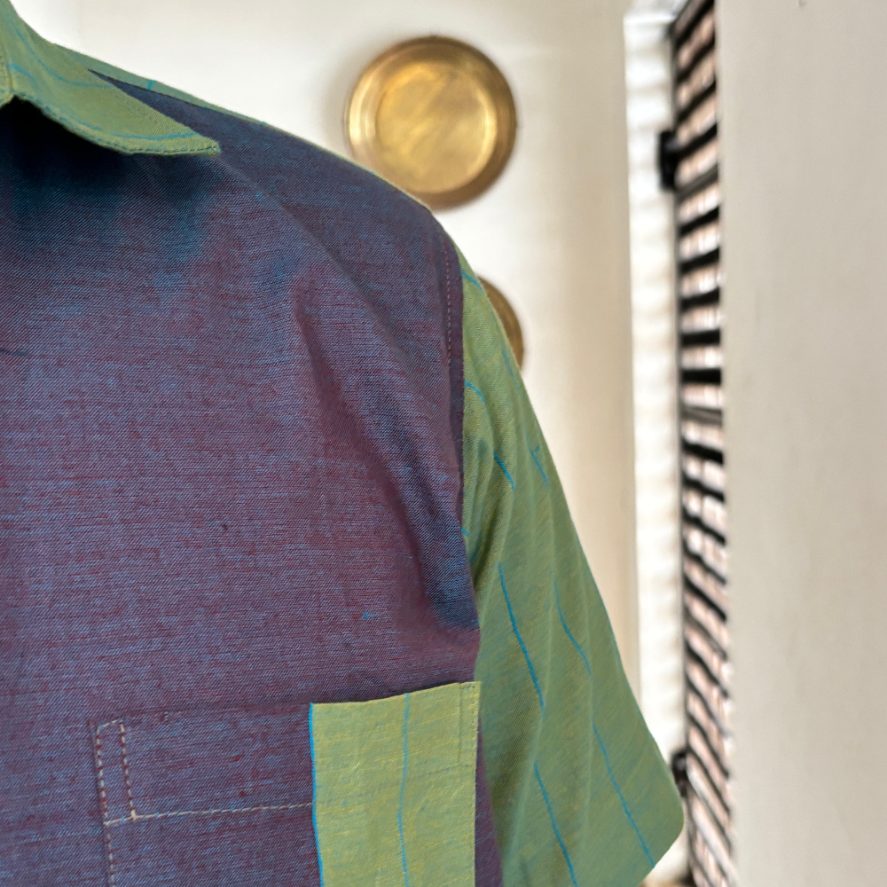 Green And Purple Mixed Blue Striped Handloom Shirt | Medium Size