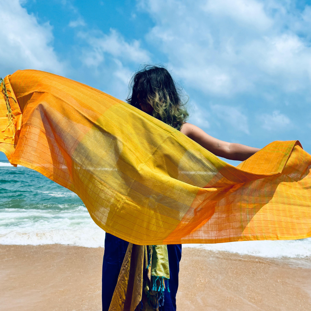 Orange , Green And Mustard Cotton Handloom Shawl