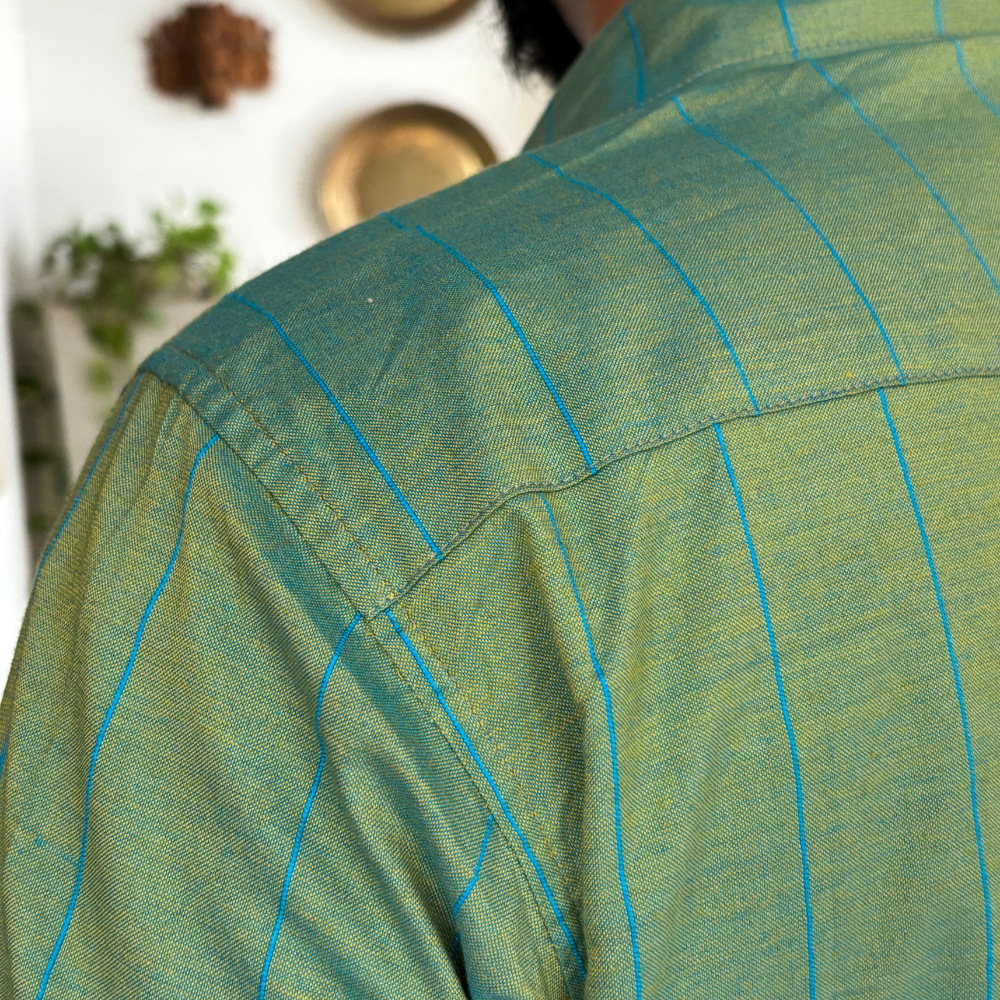 Green And Purple Mixed Blue Striped Handloom Shirt | Medium Size
