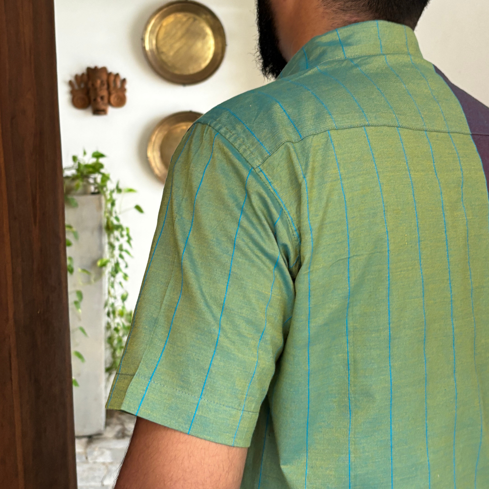 Green And Purple Mixed Blue Striped Handloom Shirt | Medium Size