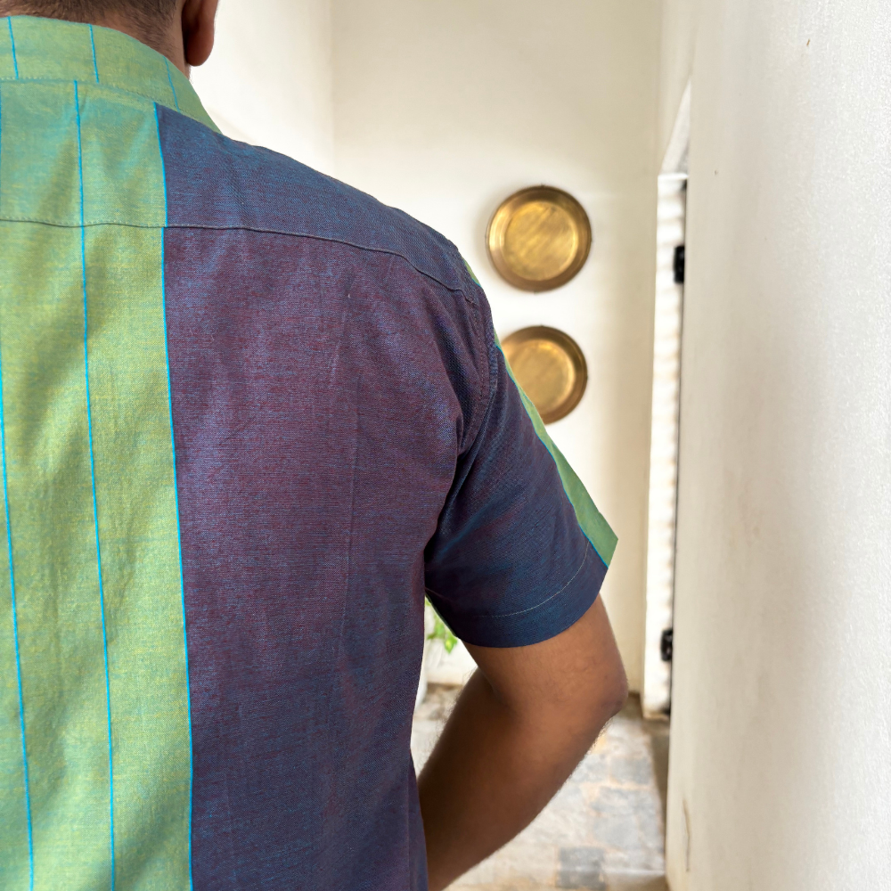 Green And Purple Mixed Blue Striped Handloom Shirt | Medium Size