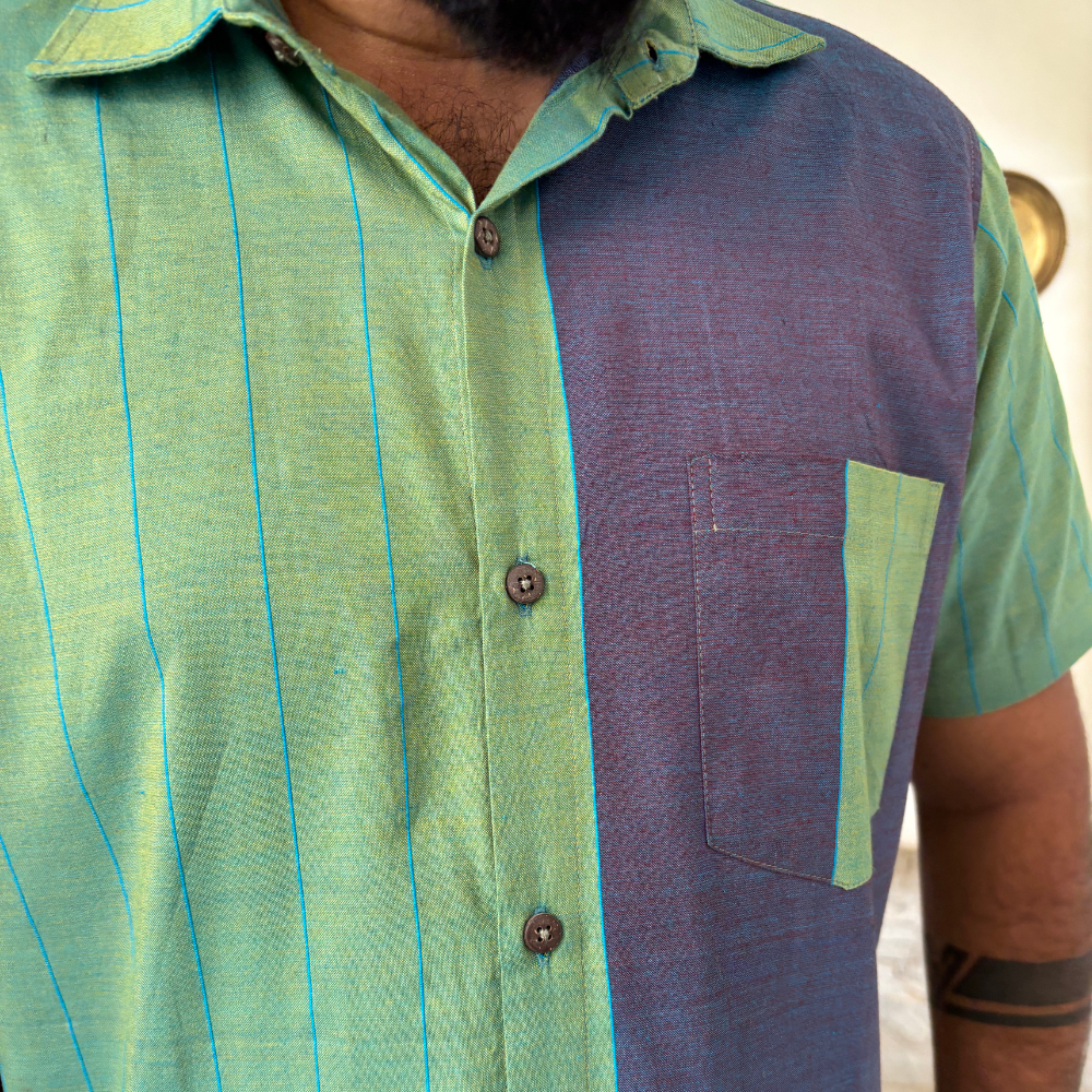 Green And Purple Mixed Blue Striped Handloom Shirt | Medium Size