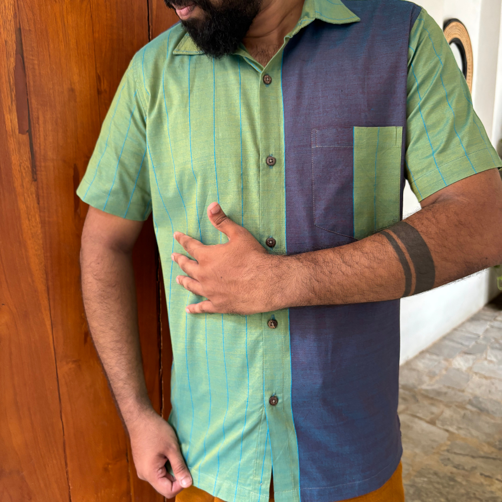 Green And Purple Mixed Blue Striped Handloom Shirt | Medium Size
