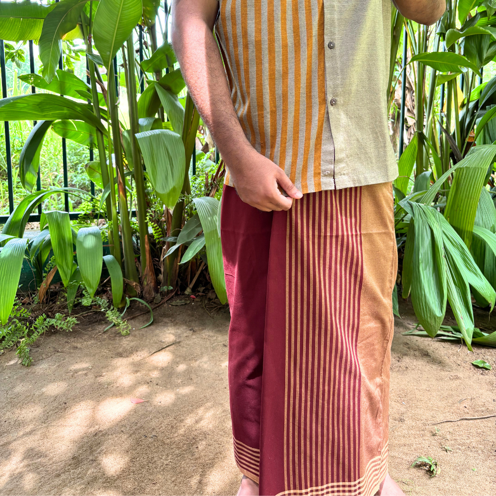 Maroon And Light Brown Striped Handloom Sarong | Standard Size