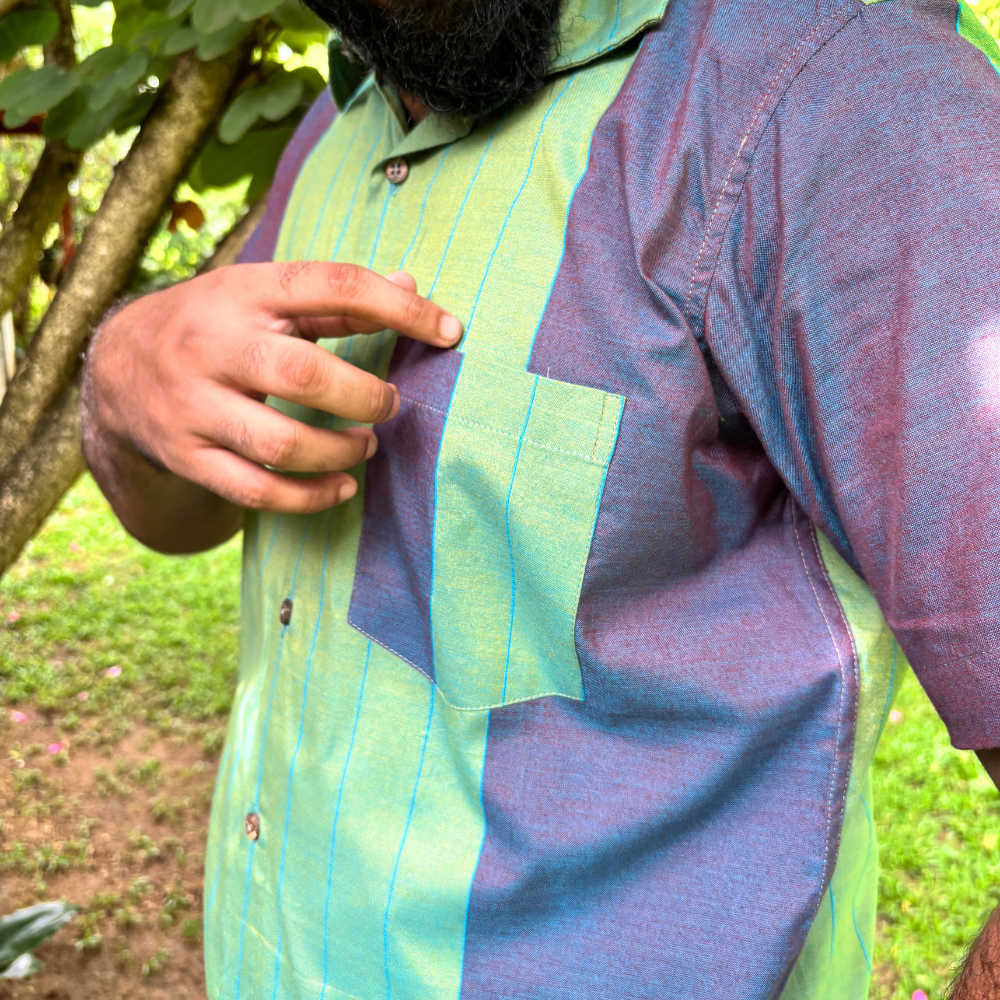 Green And Purple Mixed Blue Striped Handloom Shirt | Medium Size