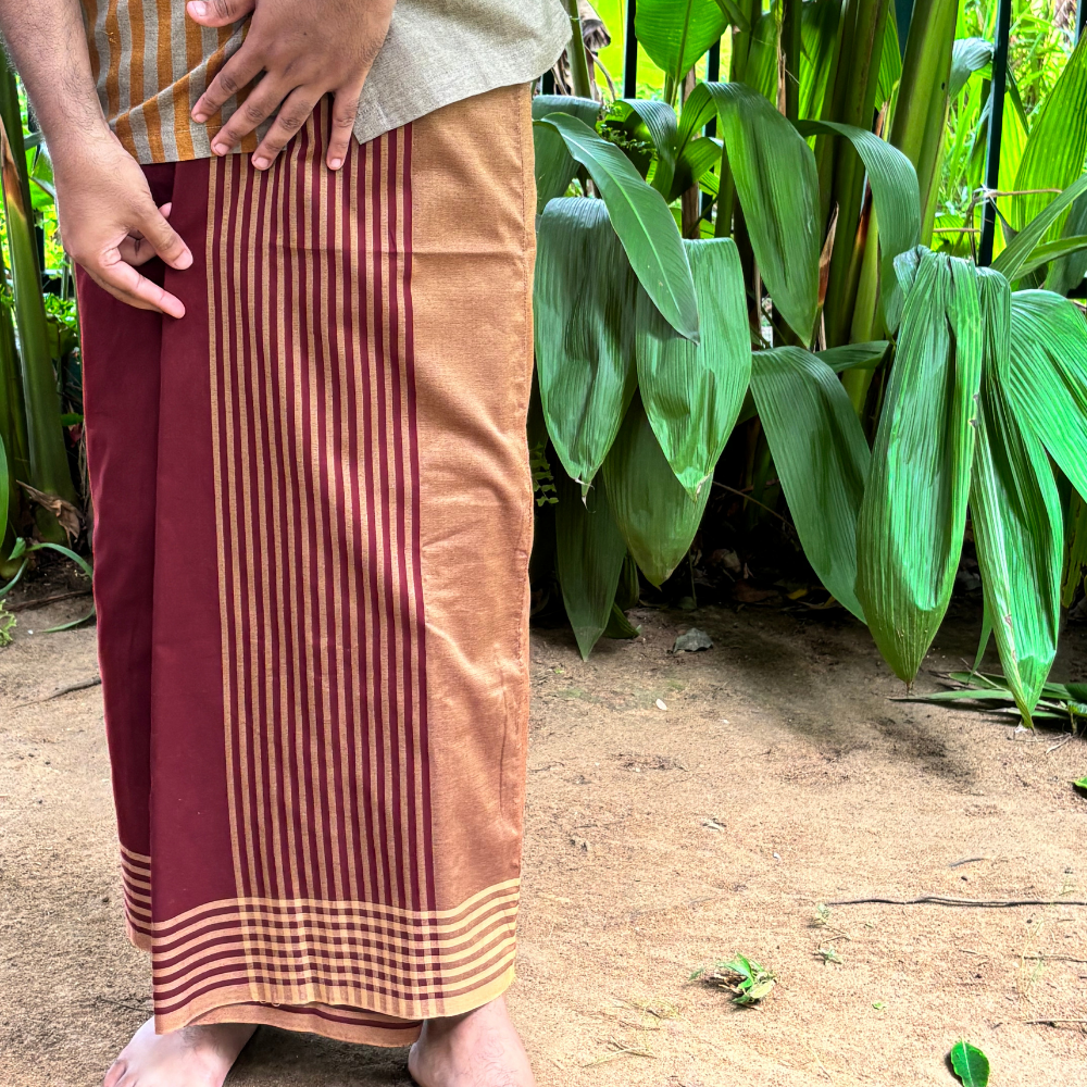 Maroon And Light Brown Striped Handloom Sarong | Standard Size