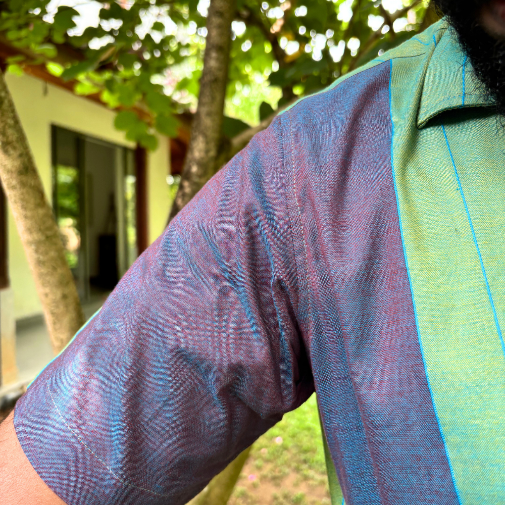 Green And Purple Mixed Blue Striped Handloom Shirt | Medium Size