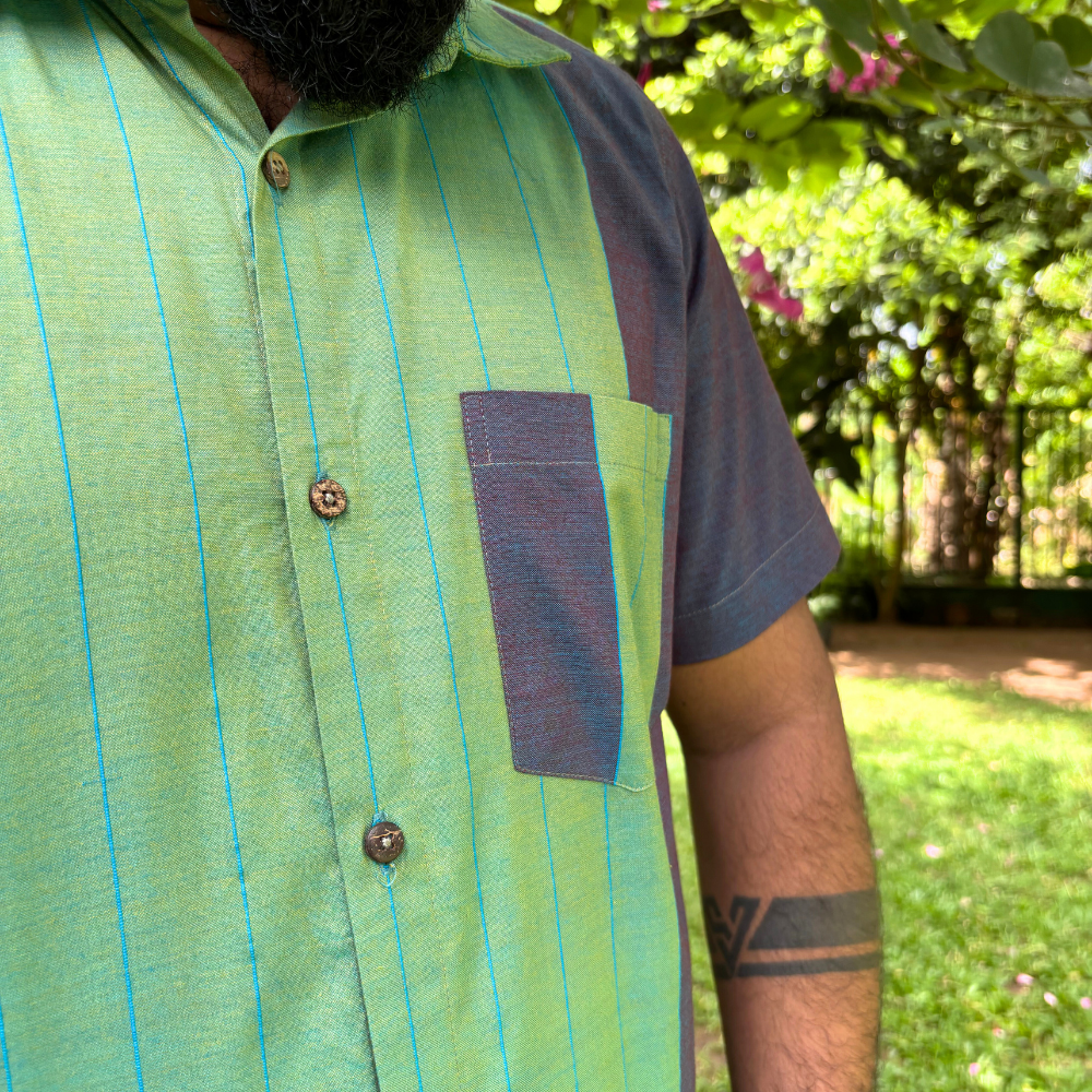 Green And Purple Mixed Blue Striped Handloom Shirt | Medium Size