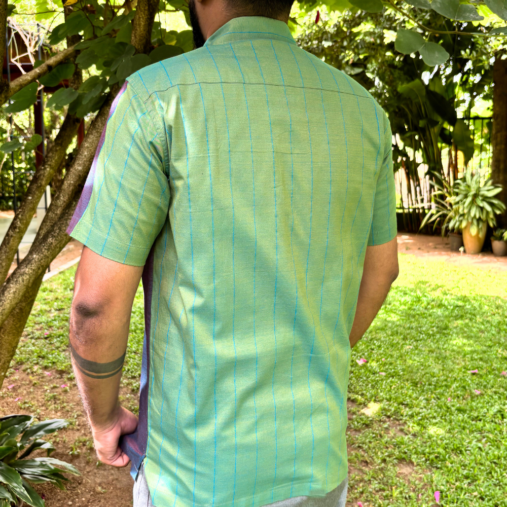 Green And Purple Mixed Blue Striped Handloom Shirt | Medium Size