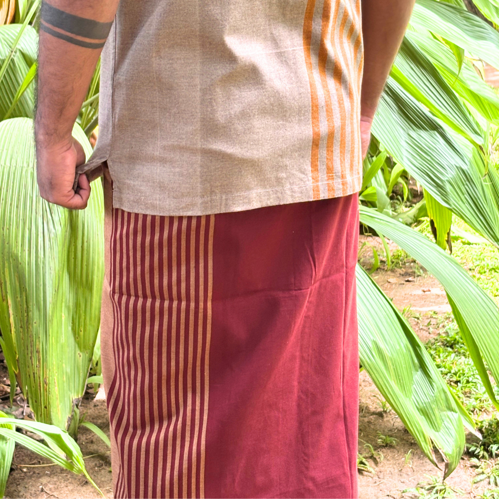 Maroon And Light Brown Striped Handloom Sarong | Standard Size