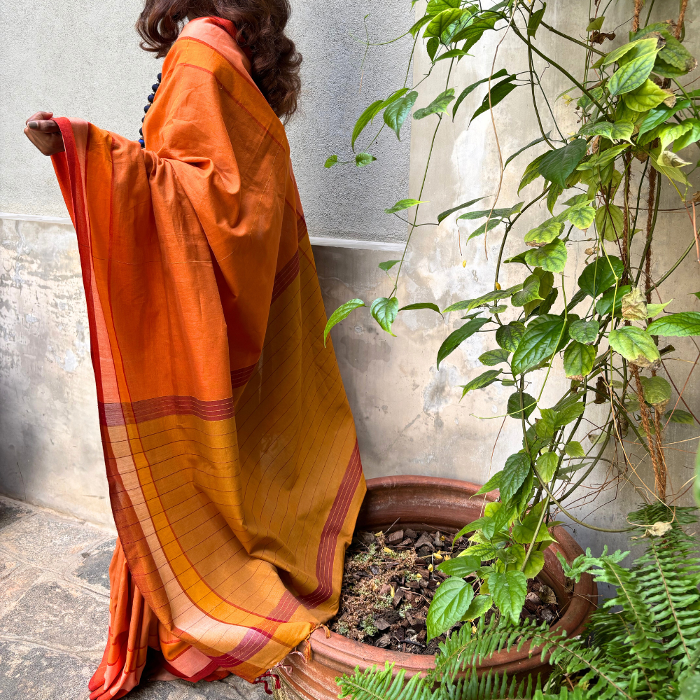 Orange And Brown Mustard With Mustard Tussar Handloom Saree