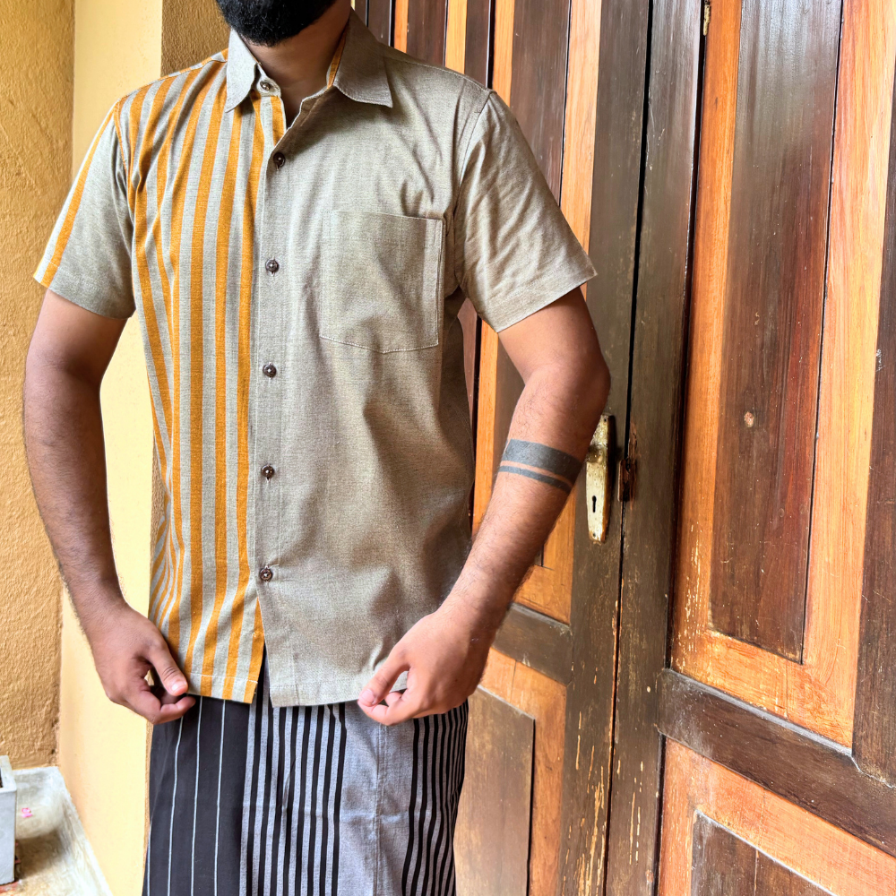 Ash And Mustard Striped Handloom Shirt | Small Size