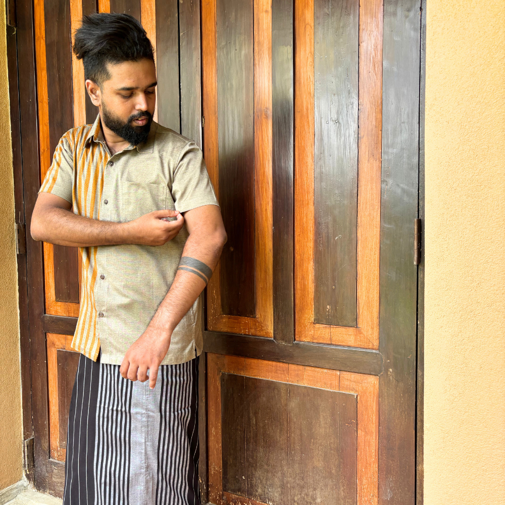 Ash And Mustard Striped Handloom Shirt | Small Size