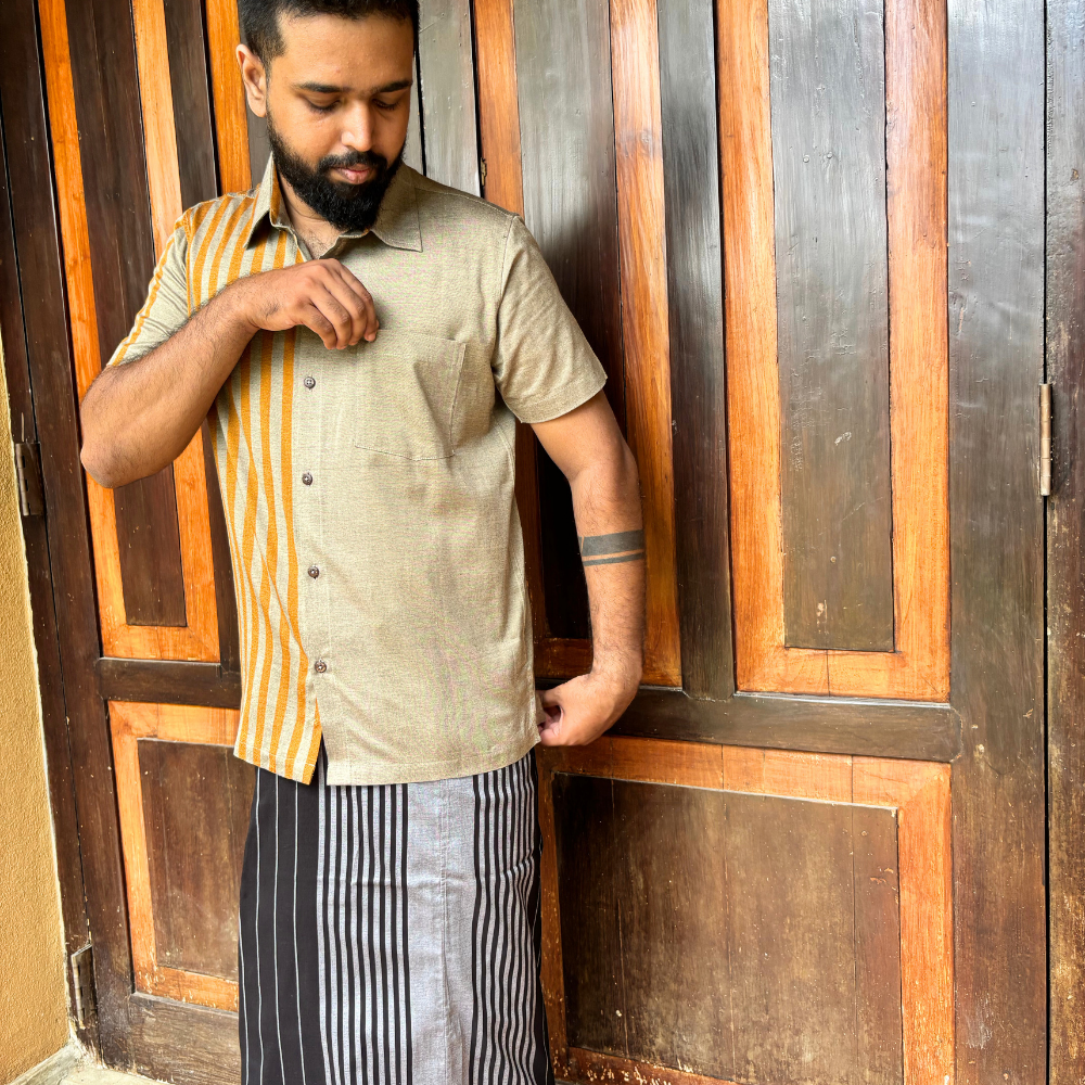 Ash And Mustard Striped Handloom Shirt | Small Size