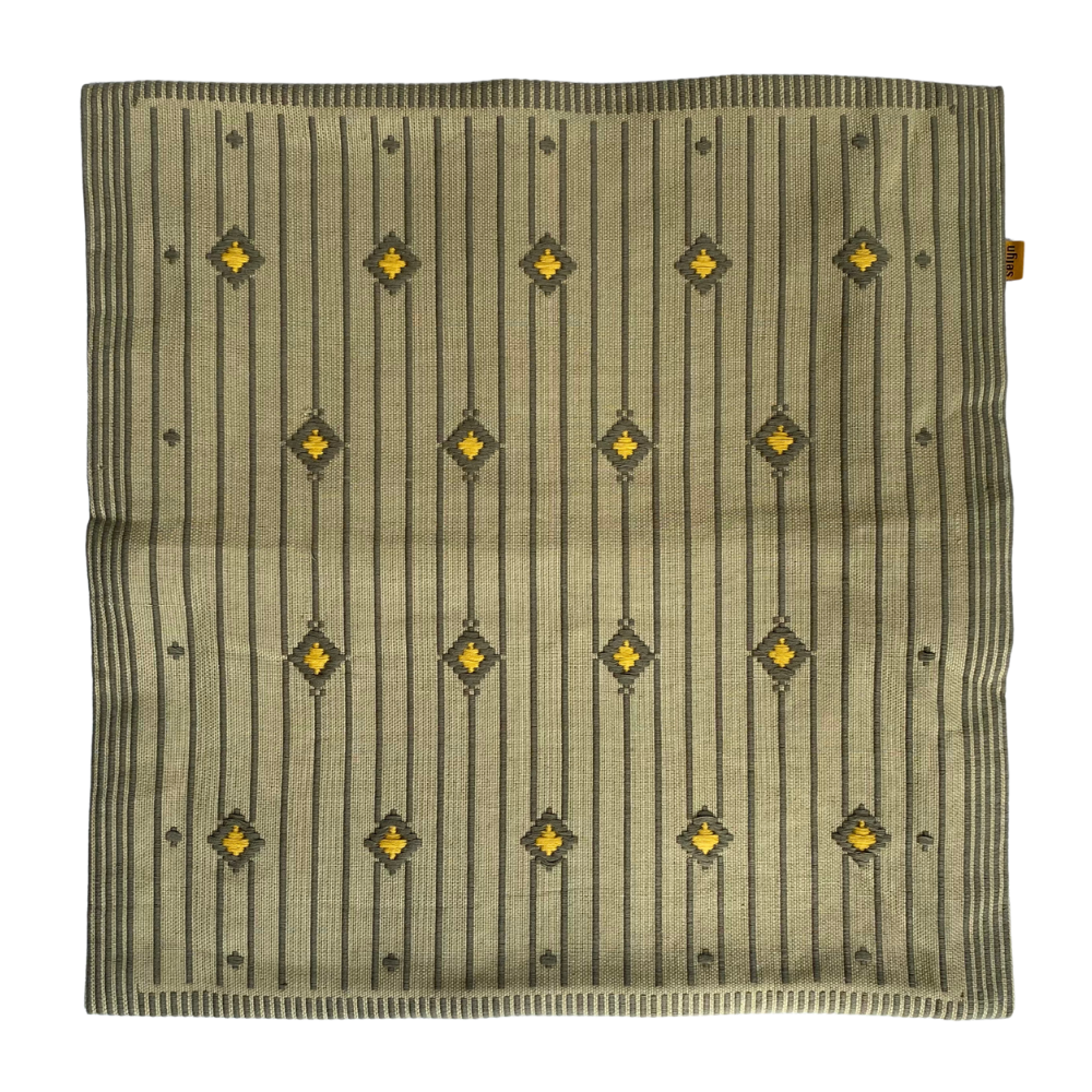 Yellow , Ash And Dull Green border Dumbara Cushion Cover | 18 x 18 Inches