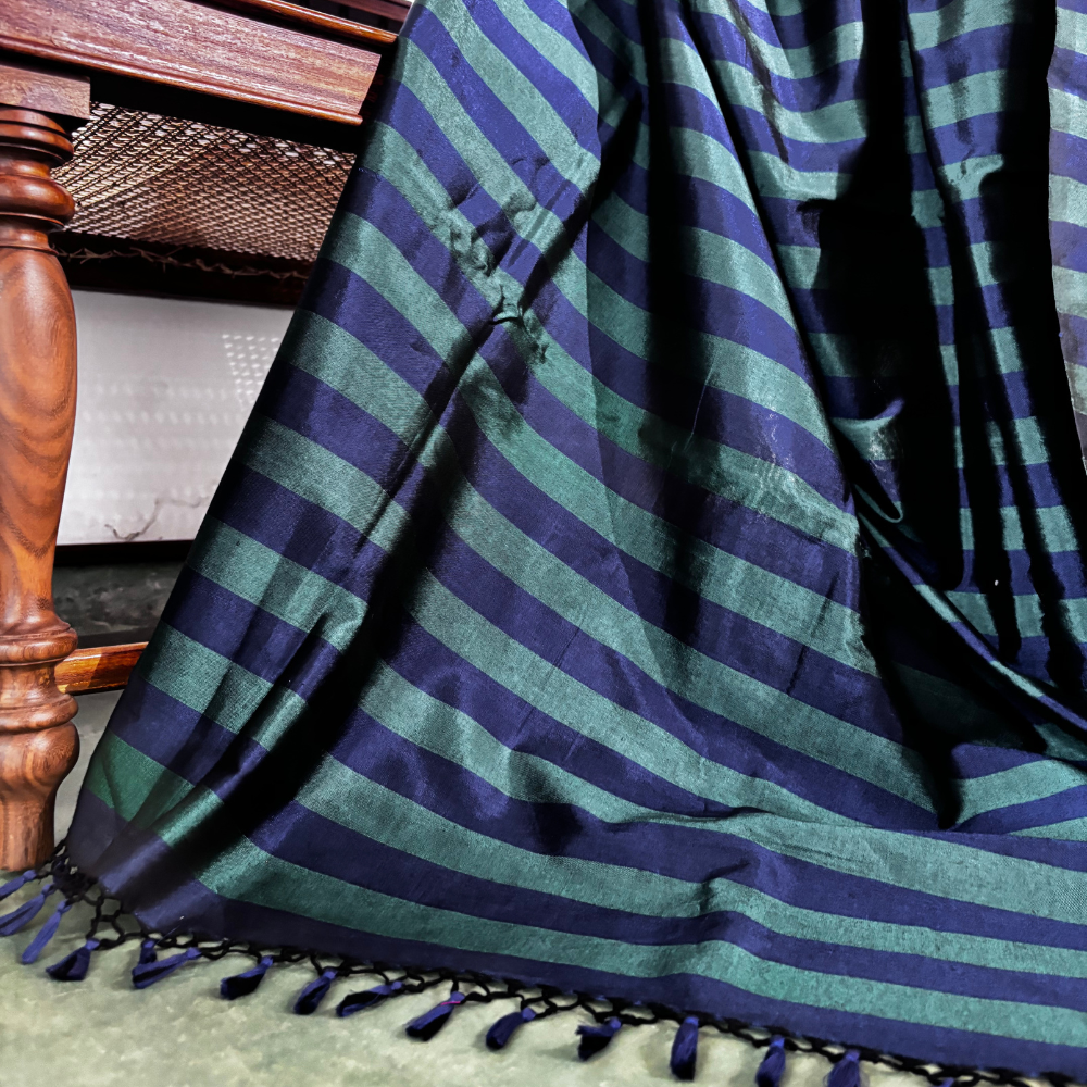 Dark Green And Navy Blue Handloom Rayon Silk Saree with Tassels