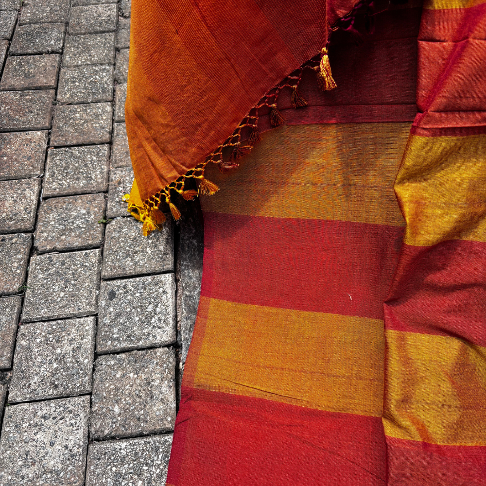 Rust Orange & Mustard Yellow Handwoven Cotton Saree with Tassels