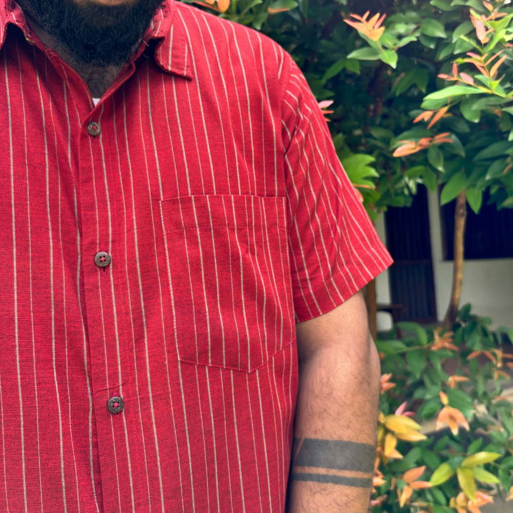 Maroon And Ash Striped Handloom Shirt | Large Size
