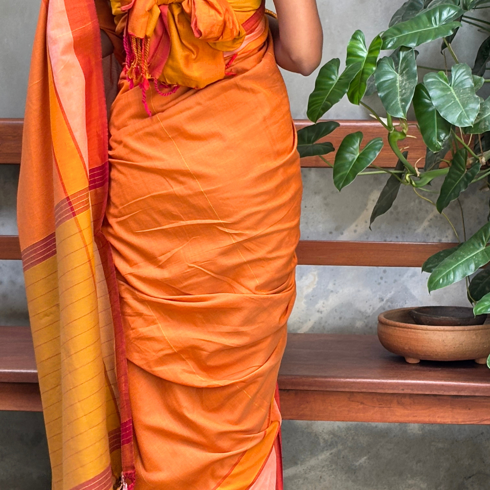 Orange And Brown Mustard With Mustard Tussar Handloom Saree